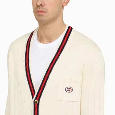 Shop Gucci Ivory Cotton Cardigan With Web Ribbon Men In Multicolor