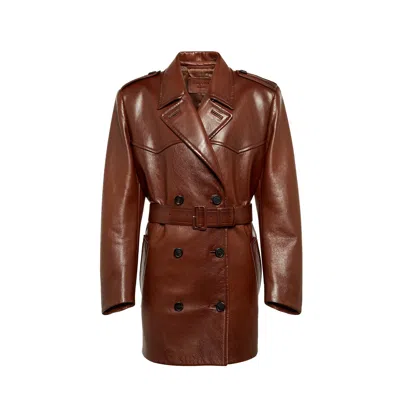 Shop Prada Leather Coat In Brown