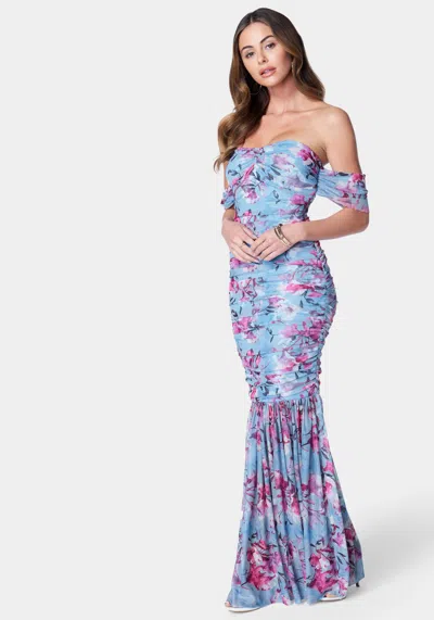 Shop Bebe Off Shoulder Ruched Mesh Gown In Watercolor Floral