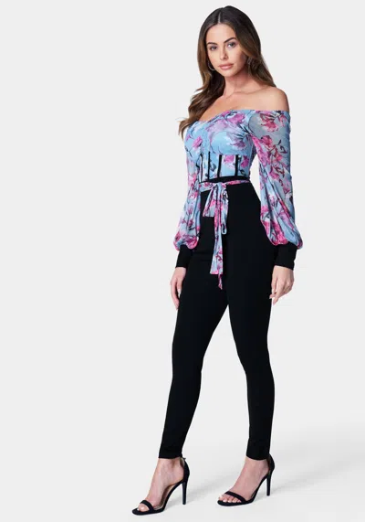 Bebe Printed Mesh Off Shoulder Catsuit In Watercolor Floral,black