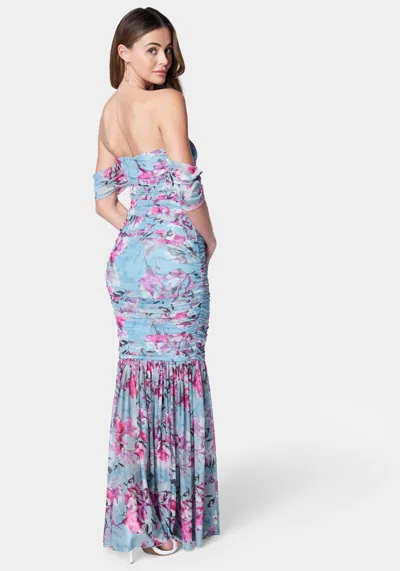 Bebe Off Shoulder Ruched Mesh Gown In Watercolor Floral