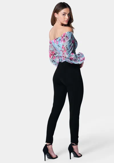 Bebe Printed Mesh Off Shoulder Catsuit In Watercolor Floral,black