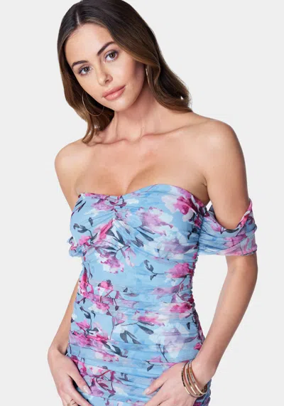Bebe Off Shoulder Ruched Mesh Gown In Watercolor Floral
