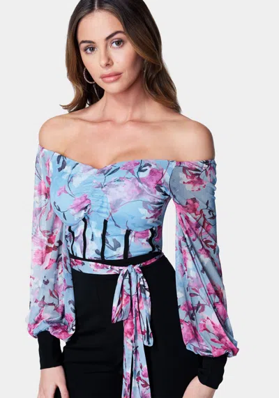 Bebe Printed Mesh Off Shoulder Catsuit In Watercolor Floral,black