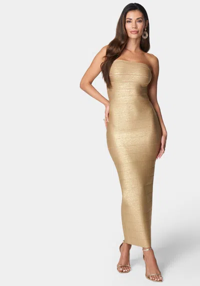 Shop Bebe Bandage Strapless Foil Maxi Dress In Gold