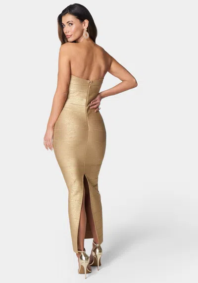 Shop Bebe Bandage Strapless Foil Maxi Dress In Gold