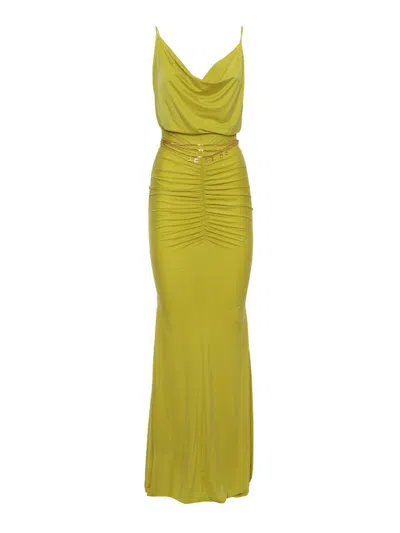 Elisabetta Franchi Red Carpet Dress In Cupro Jersey Draped In Yellow
