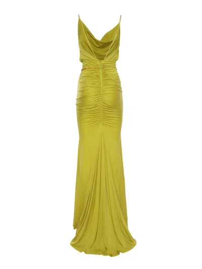 Elisabetta Franchi Red Carpet Dress In Cupro Jersey Draped In Yellow