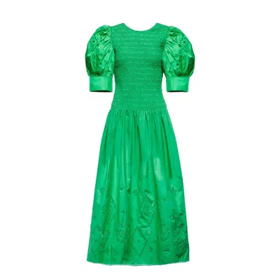 Shop Ganni Gathered Cotton Dress In Green