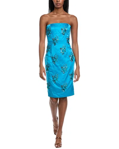 Shop Mikael Aghal Strapless Silk Cocktail Dress In Blue