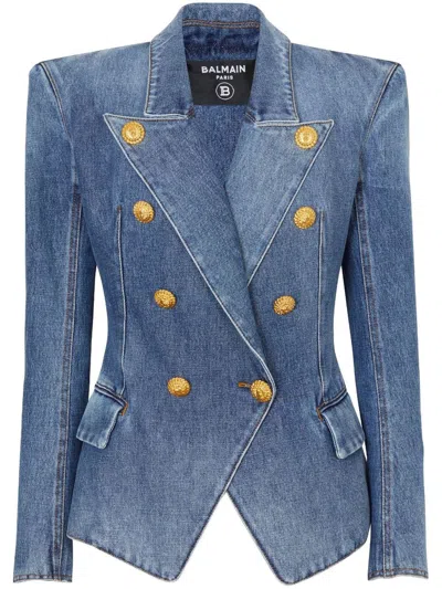 Shop Balmain Jackets In Bleu Jean