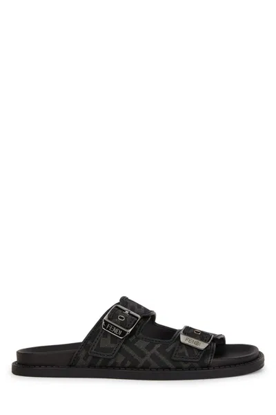 Shop Fendi Feel Leather And Fabric Slides In Black
