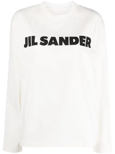 Shop Jil Sander Crew Neck Long Sleeves T-shirt With Ribbed Collar And Printed Logo On The Front Clothing In White