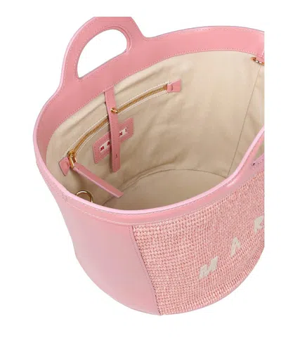 Shop Marni Leather And Raffia Handbag In Pink