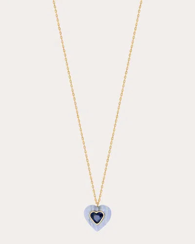 Jolly Bijou Women's Heart 14k Gold Lace Agate And Sapphire Pendant Necklace In Blue