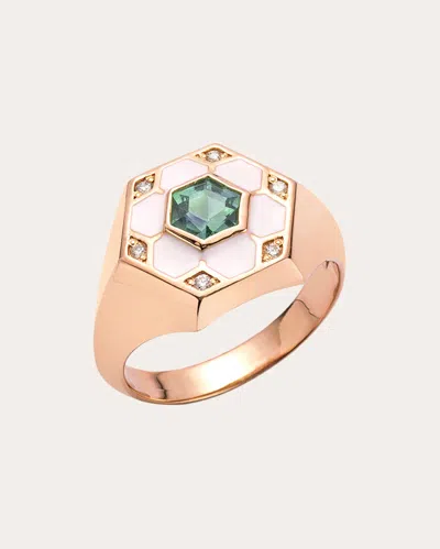 Jolly Bijou Women's Pod 14k Gold Enamel Green Sapphire And Diamond Signet Ring In Green