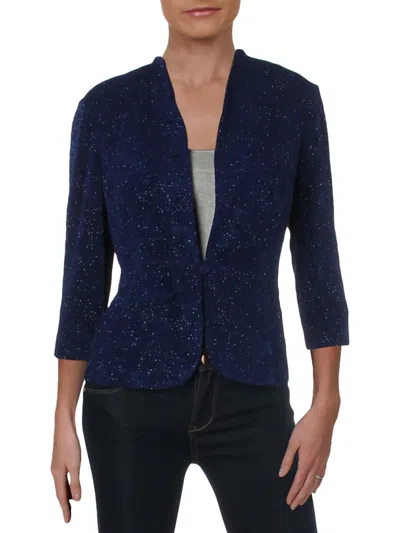 Shop Alex Evenings Petites Womens Knit Glitter Collarless Blazer In Blue