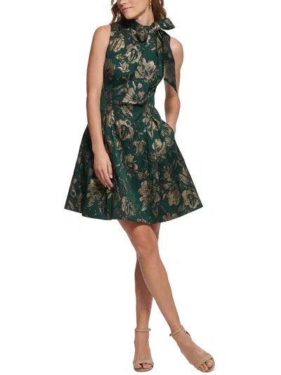 Shop Vince Camuto Womens Pleated Tie Neck Mini Dress In Green