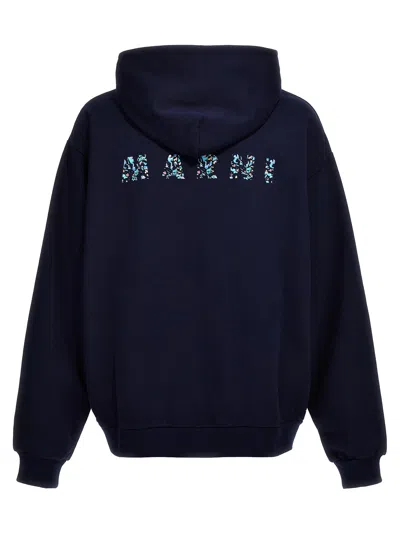 Shop Marni Logo Print Hoodie Sweatshirt Blue