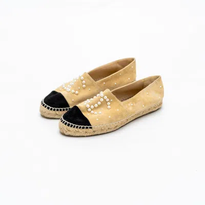 Pre-owned Chanel Suede Nude Pearl Embellished Espadrilles, 37