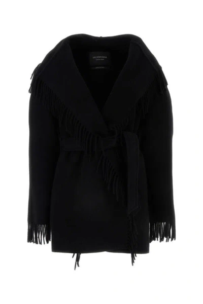 Shop Balenciaga Woman Black Wool Coat