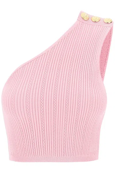 Shop Balmain One-shoulder Crop Top With Emb Women In Pink