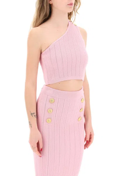 Shop Balmain One-shoulder Crop Top With Emb Women In Pink
