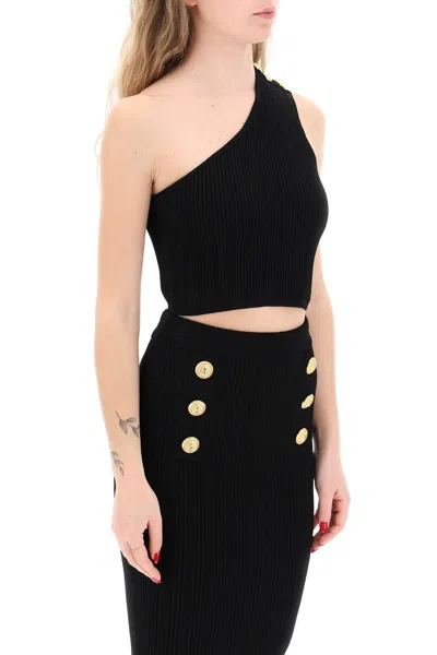 Shop Balmain One-shoulder Crop Top With Emb Women In Black