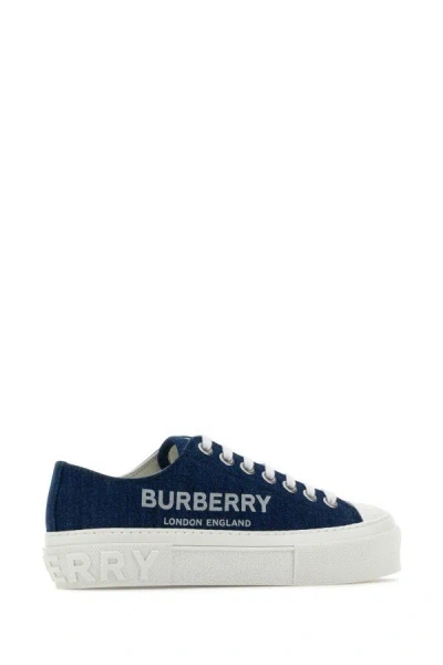 Shop Burberry Woman Demin Cotton Sneakers In Blue
