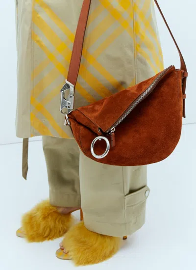 Shop Burberry Women Suede Knight Shoulder Bag In Brown