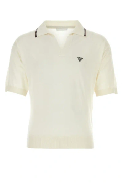 Shop Prada Man Ivory Silk Blend Polo Shirt In White