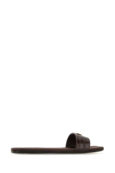 Shop Prada Woman Chocolate Leather Slippers In Brown