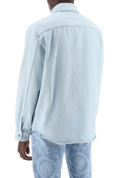 Shop Versace "medusa Denim Shirt Men In Blue