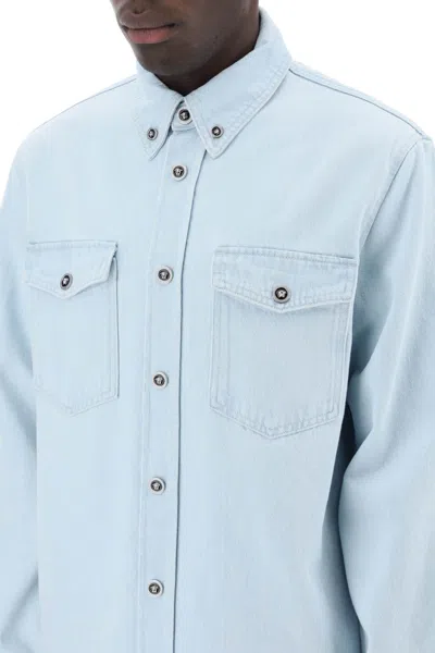 Shop Versace "medusa Denim Shirt Men In Blue
