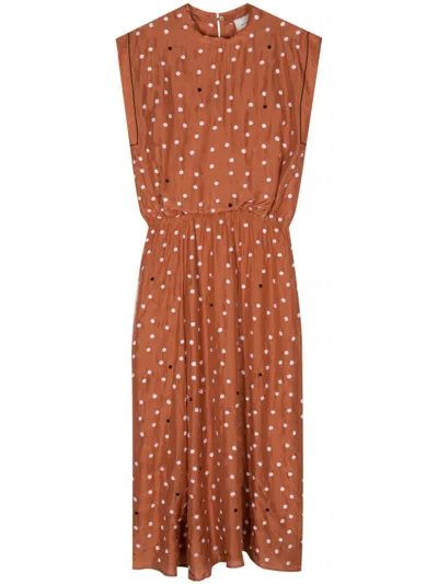 Shop Alysi Polka Dot Silk Long Dress In Orange