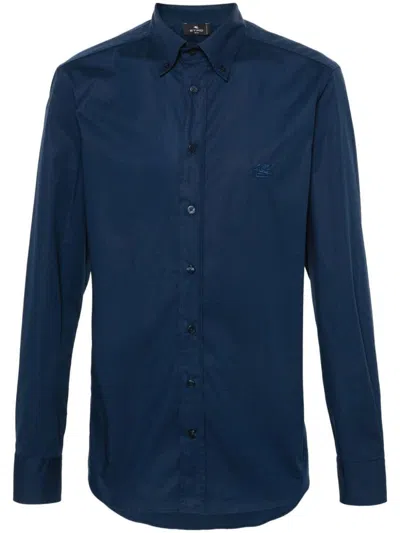 Shop Etro Logo Cotton Shirt In Blue