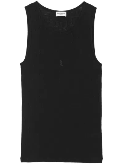 Shop Saint Laurent Cotton And Wool Blend Sleeveless Top In Black
