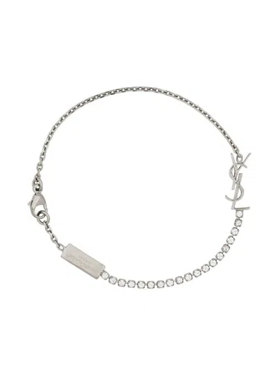 Shop Saint Laurent Opyum Brass And Rhinestones Bracelet In Silver