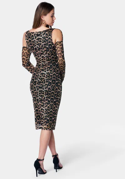 Bebe Mesh Sleeved Midi Dress In Leopard