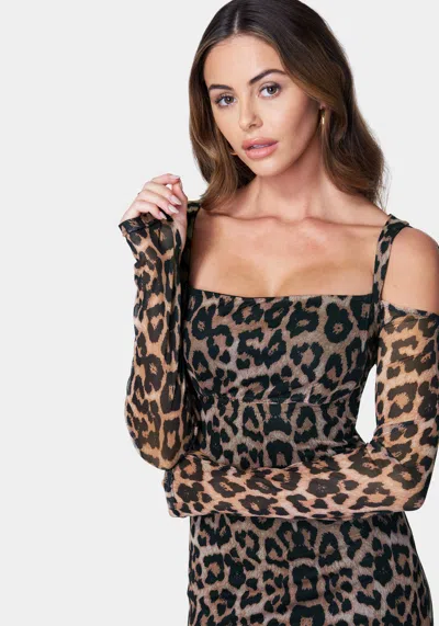 Bebe Mesh Sleeved Midi Dress In Leopard