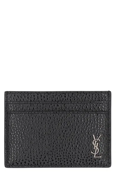 Shop Saint Laurent Tiny Cassandre Leather Card Holder In Black