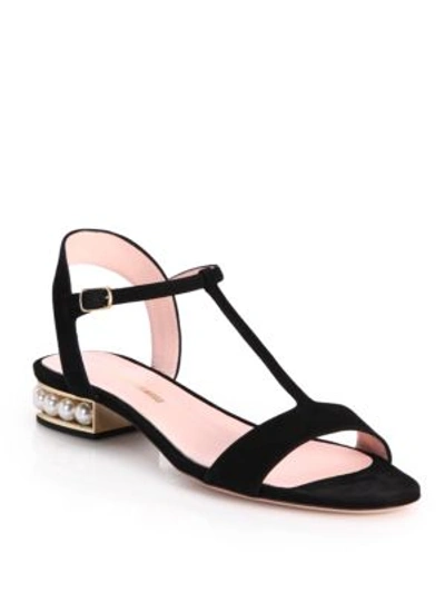 Shop Nicholas Kirkwood Casati Pearly Heel Suede T-strap Sandals In Black