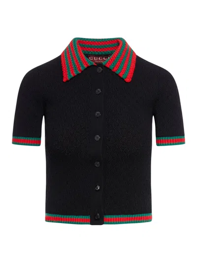 Shop Gucci Cotton Lace Polo Shirt With Web Pattern In Black