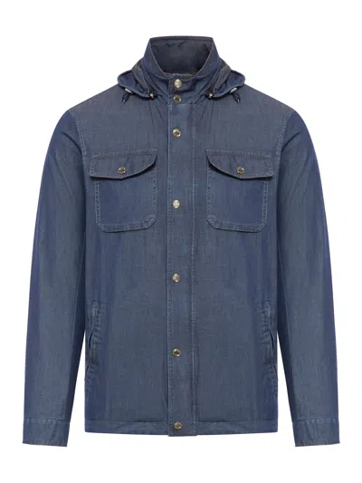 Shop Moorer Denim Shirt Jacket With Hood In Blue