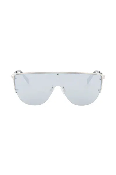Shop Alexander Mcqueen Sunglasses With Mirrored Lenses And Mask-style Frame In Silver
