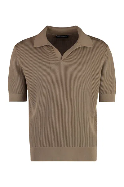 Shop Dolce & Gabbana Ribbed Knit Polo Shirt In Beige
