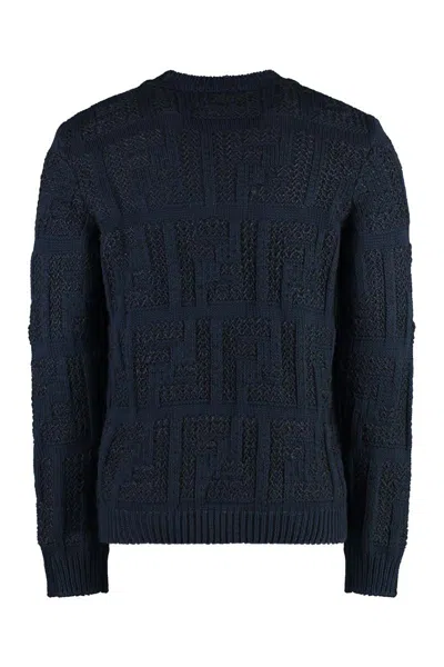 Shop Fendi Cotton Blend Crew-neck Sweater In Blue