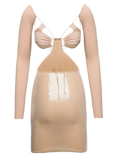 Shop Amazuìn 'vera' Beige Mini Long-sleeve Dress With Tonal Paillettes In Stretch Polyamiide Woman