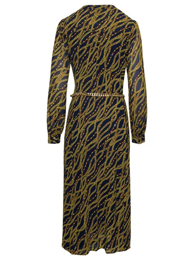 Shop Michael Kors Black And Gold-tone Midi Shirt Dess With Chain Print All-over In Polyester Woman In Multicolor