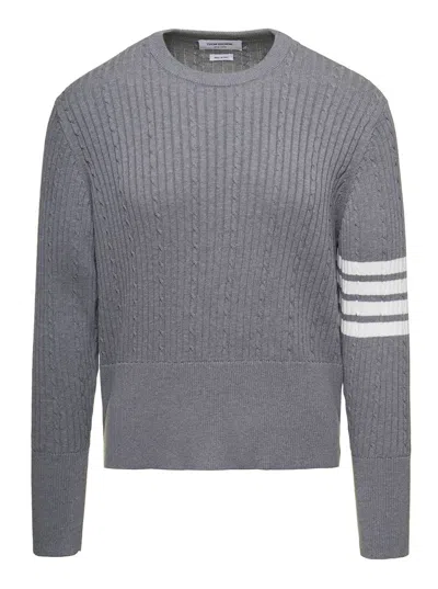 Thom Browne Cable-knit Jumper With Signature 4 Bar Detailing In Grey